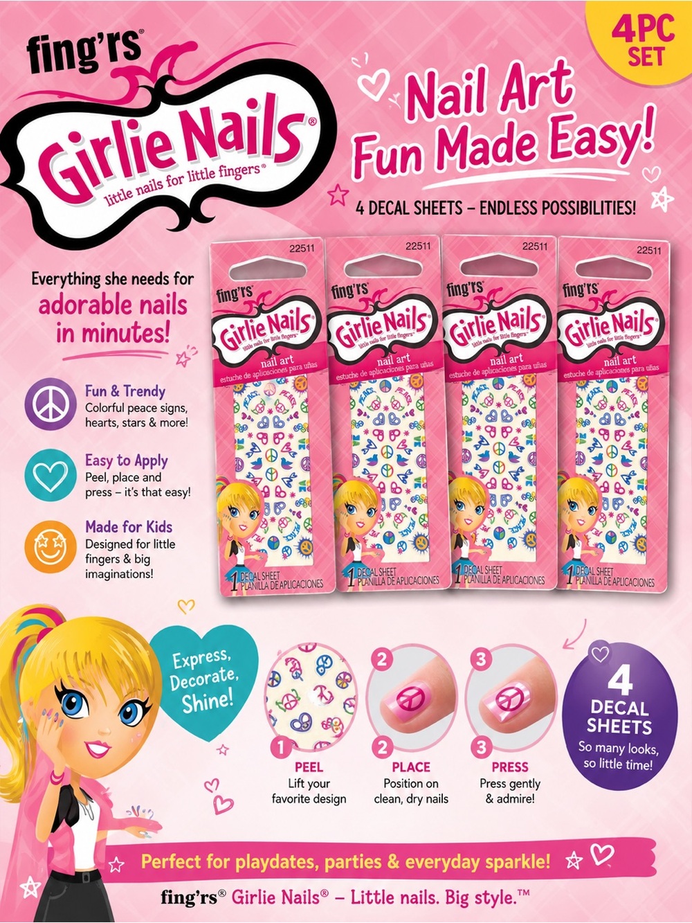 🦋 fing'rs Girlie Nails Pink Nail Art Decals - 4pc Set